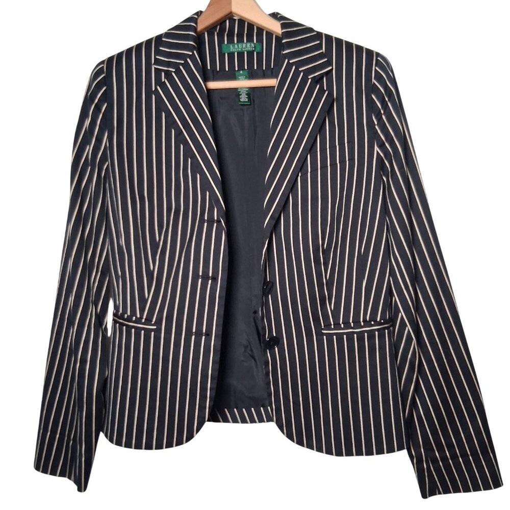 Lauren Ralph Lauren Blazer Women 4 Black Tan Striped Classic Preppy Cotton Silk - Picture 3 of 16